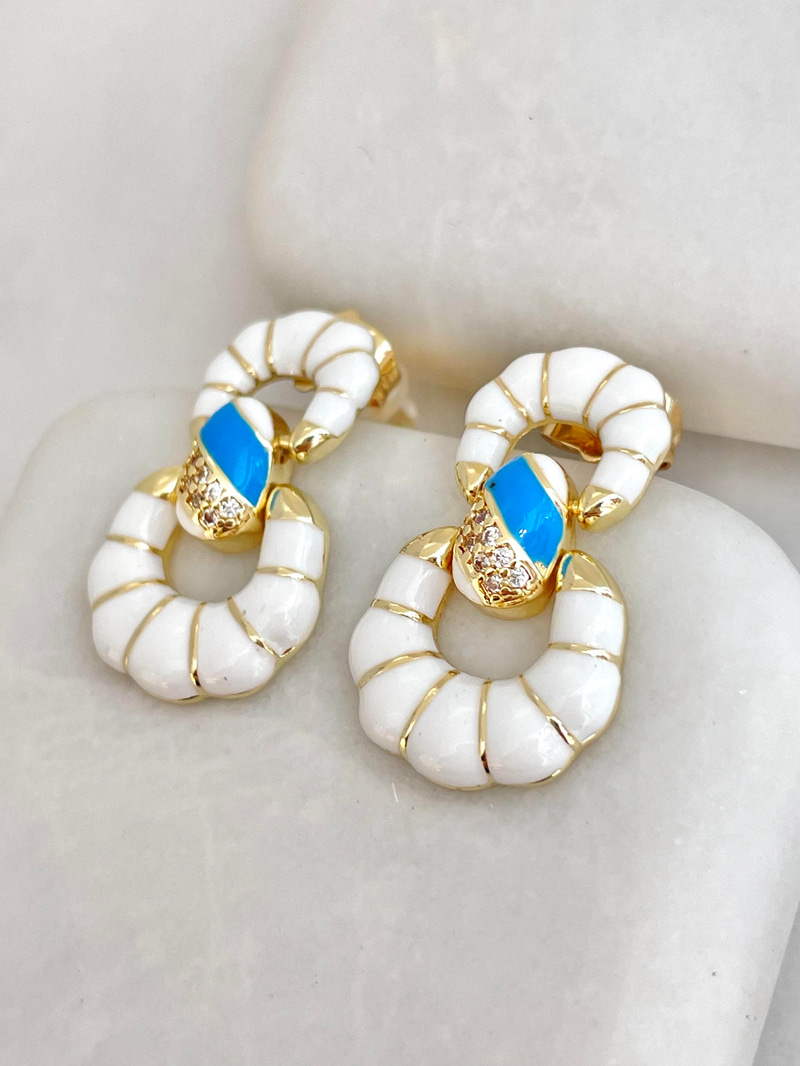 Altın Kaplama Beyaz ve Mavi Mineli Burgu Tasarım Küpe Gold