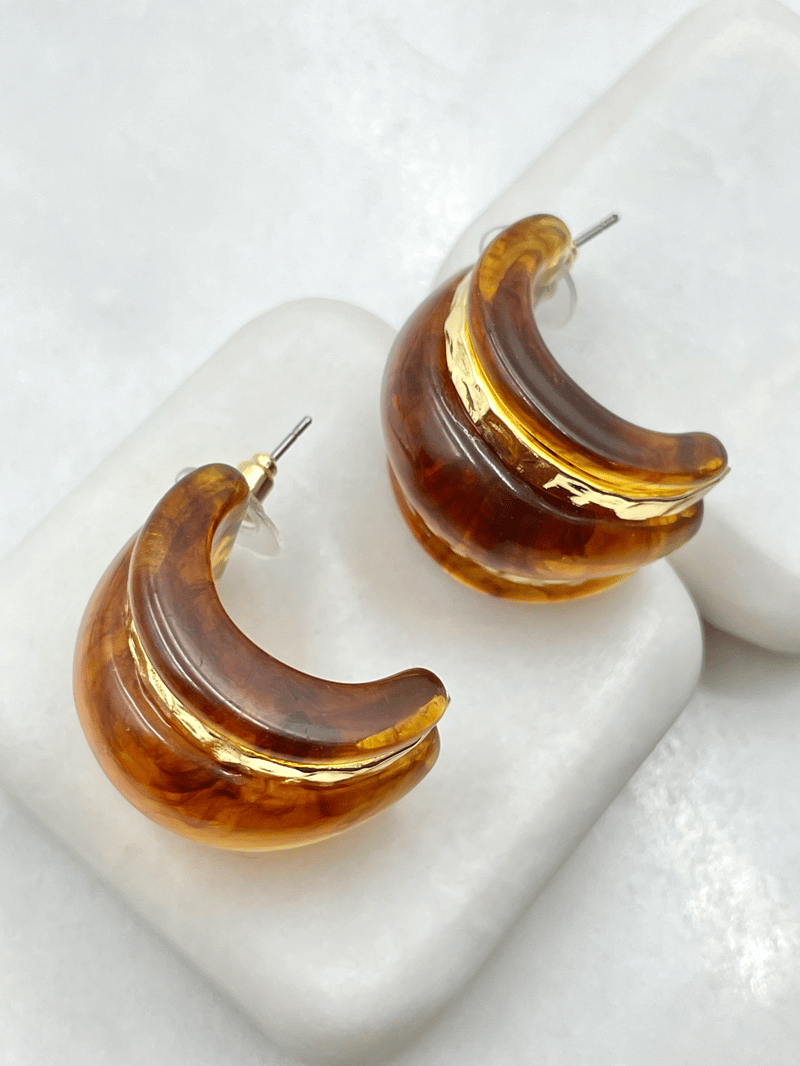 Altın Kaplama Gold Detaylı Vintage Bombe Küpe Kehribar