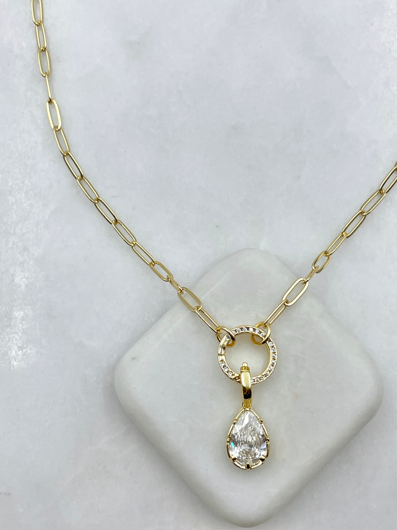 Damla Kristal Sallantılı Ataç Zincir Kolye Gold