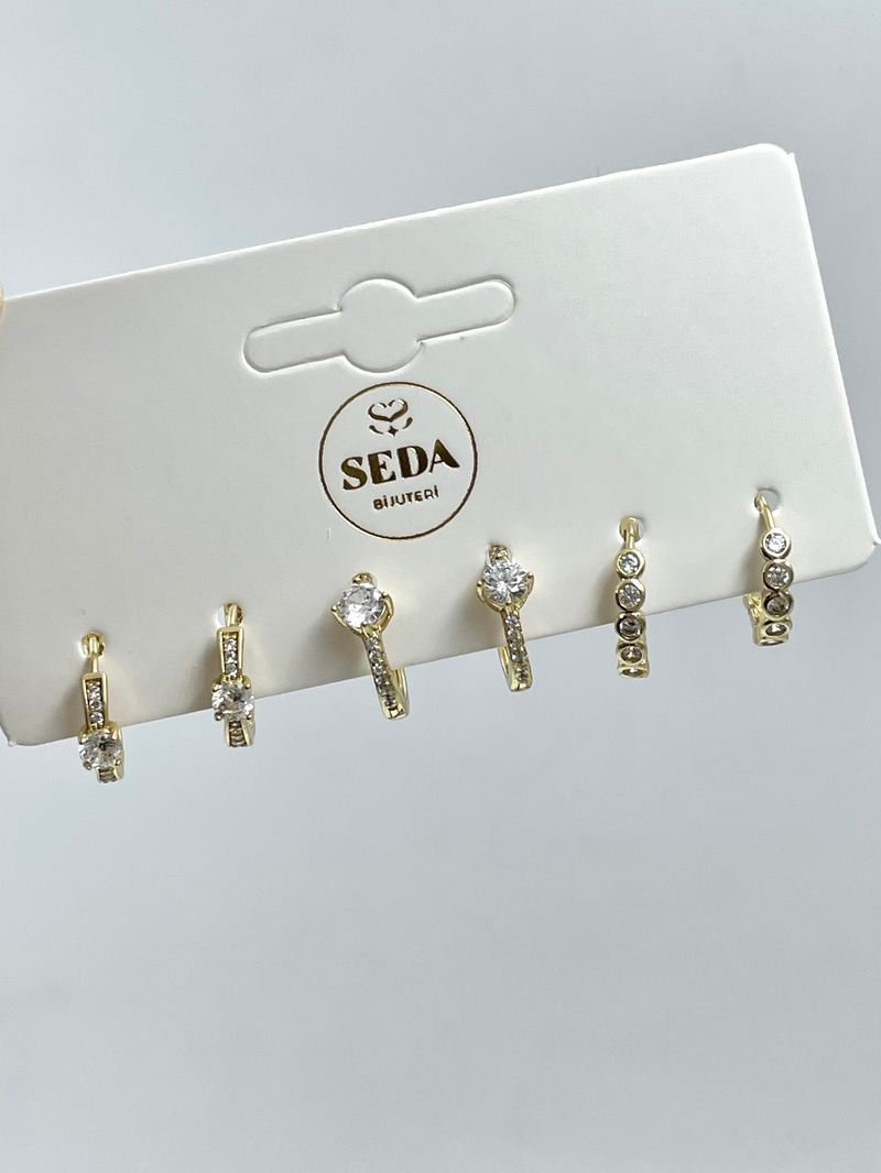 Özel Seri Kristal Taşlı Halka Model Altılı Set Küpe Gold