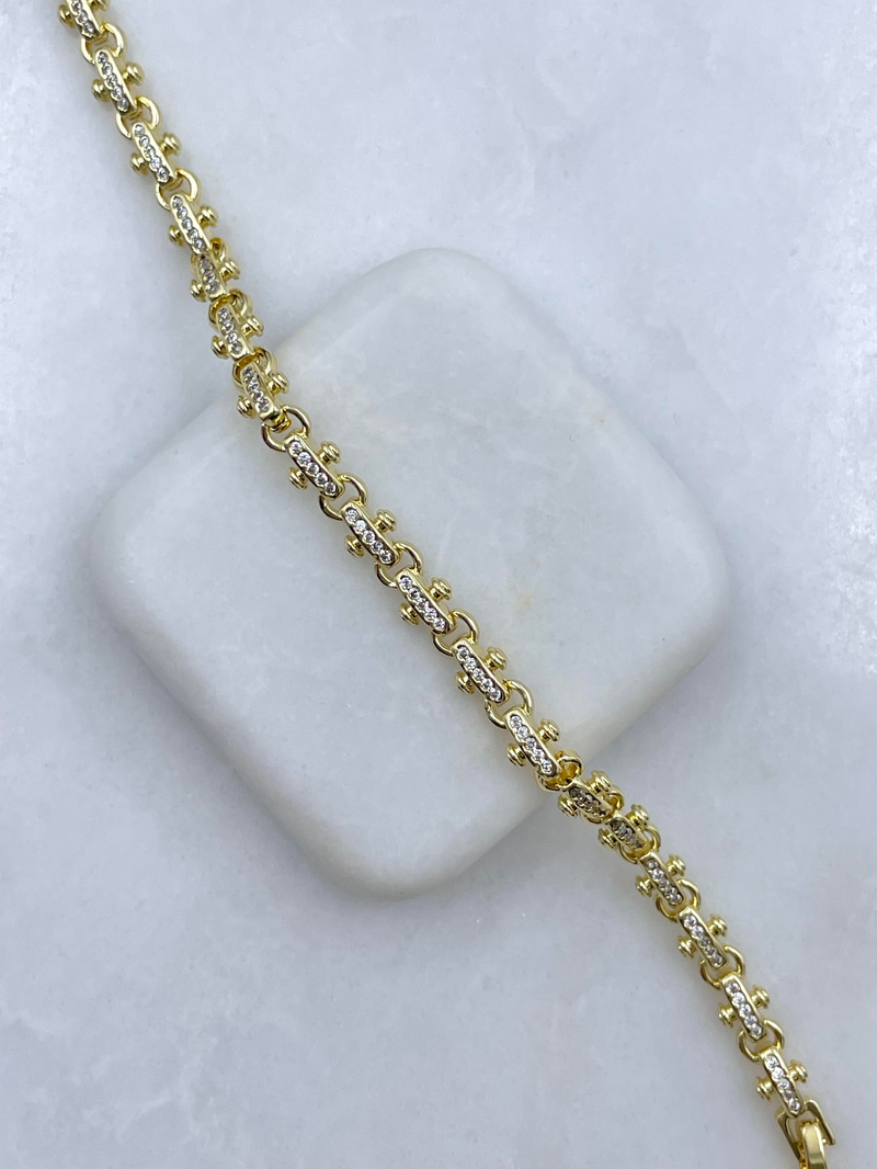 Altın Kaplama Gömme Taşlı İçi Boş Halka Geçmeli Sütun Bileklik Gold