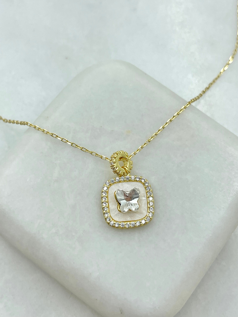 Sedefli Kristal Kelebek Kolye Gold