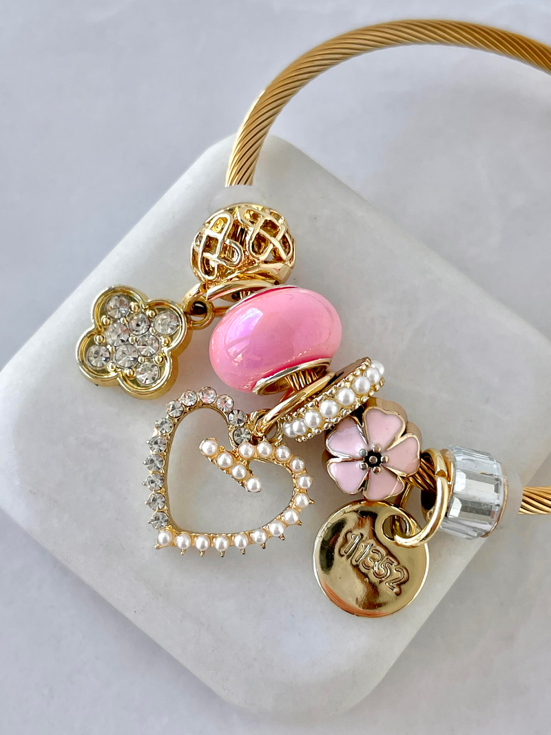 Çelik Kalp ve Yonca Charmlı Bileklik Pembe