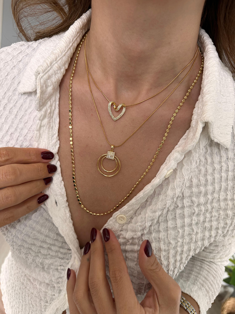 Çelik Gömme Taşlı İkli İçi Boş Daire Kolye Gold