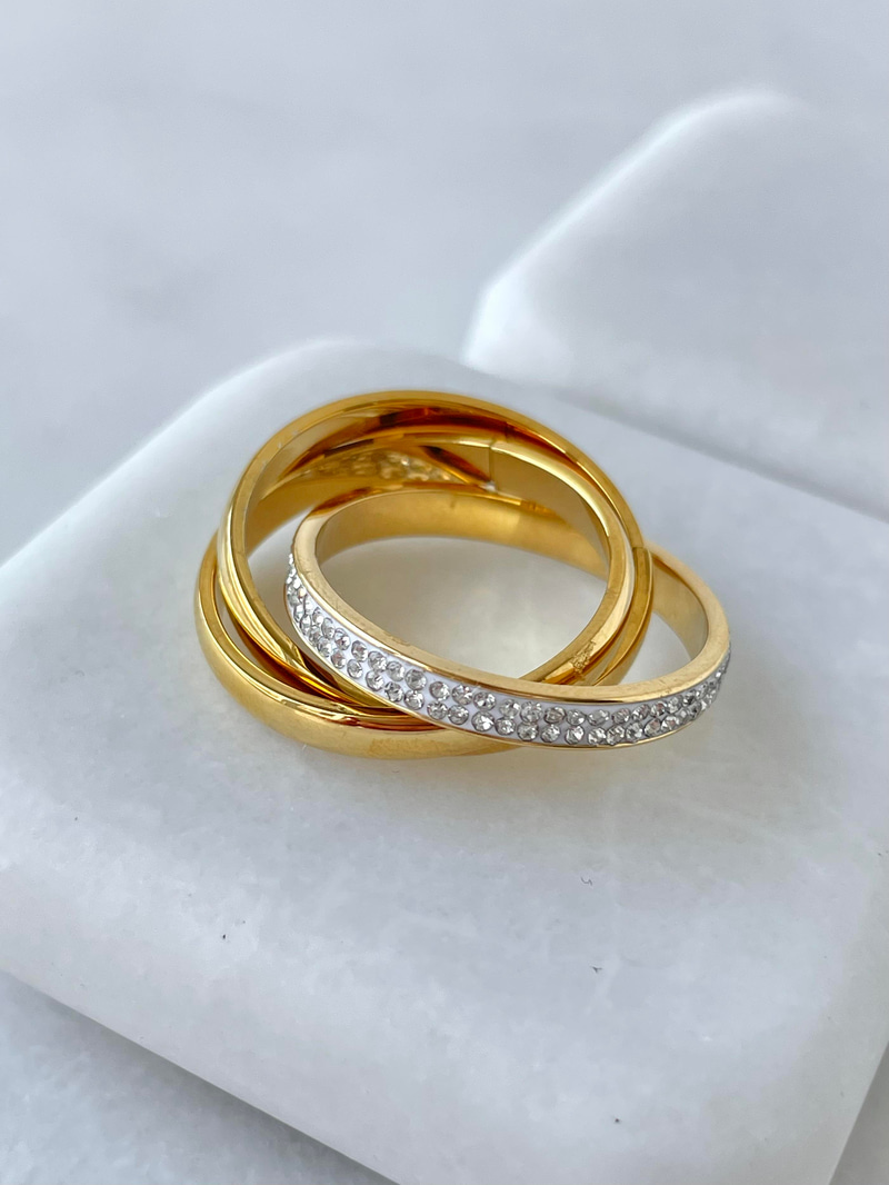 Çelik Zirkon Taşlı Üçlü Çapraz Yüzük Gold