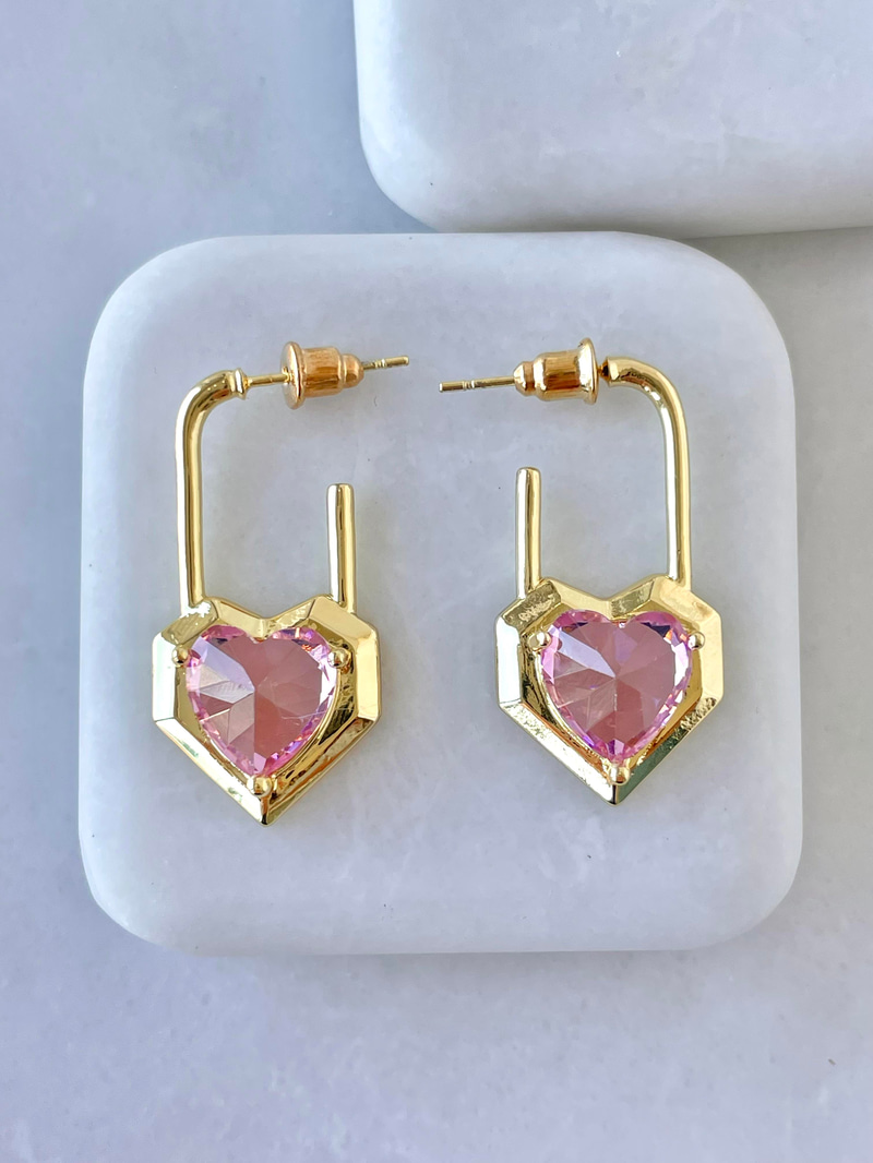 Altın Kaplama Kristal Kalp Kilit Küpe Pembe