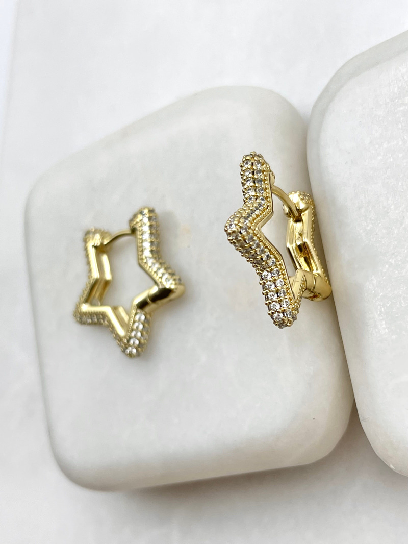 Özel Seri Gömme Taşlı İçi Boş Yıldız Küpe Gold