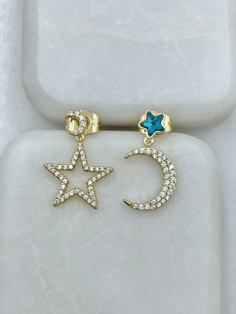 Özel Seri Kristal Taşlı Ay ve Yıldız Küpe Gold