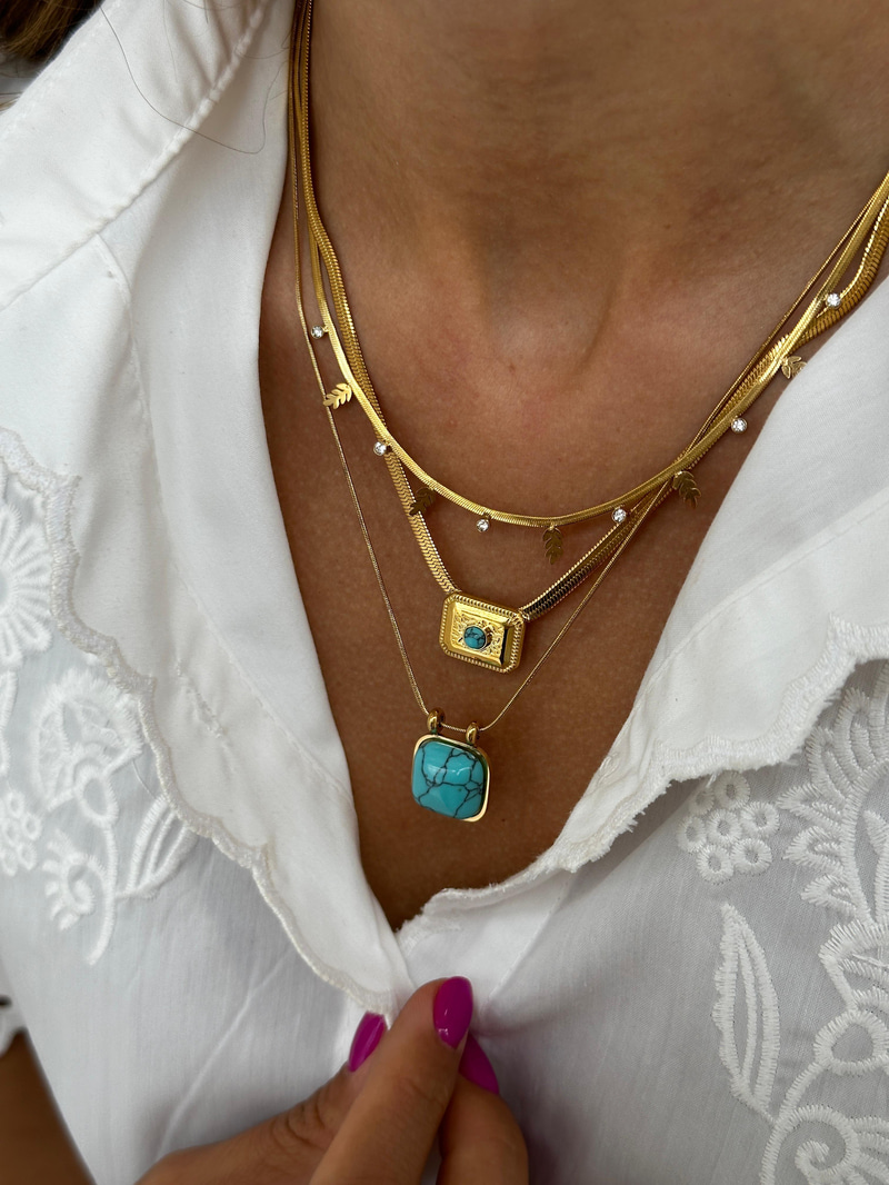 Çelik Dikdörtgen Doğal Taş Detaylı İtalyan Zincir Kolye