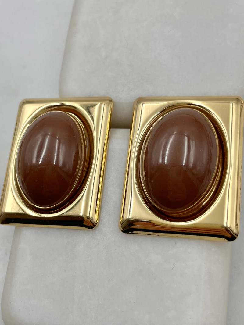 Oval Taşlı Dikdörtgen Vintage Küpe Kahve