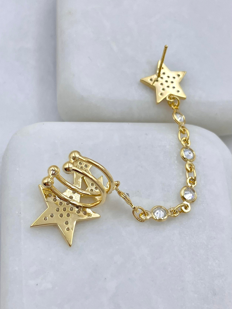 Altın Kaplama Zincir Sallantılı Yıldız Model Kıkırdaklı Küpe Gold