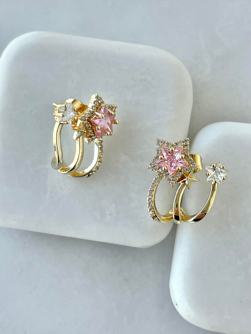 Altın Kaplama Üçlü Görünüm Kristal Taşlı Yıldız Küpe Pembe