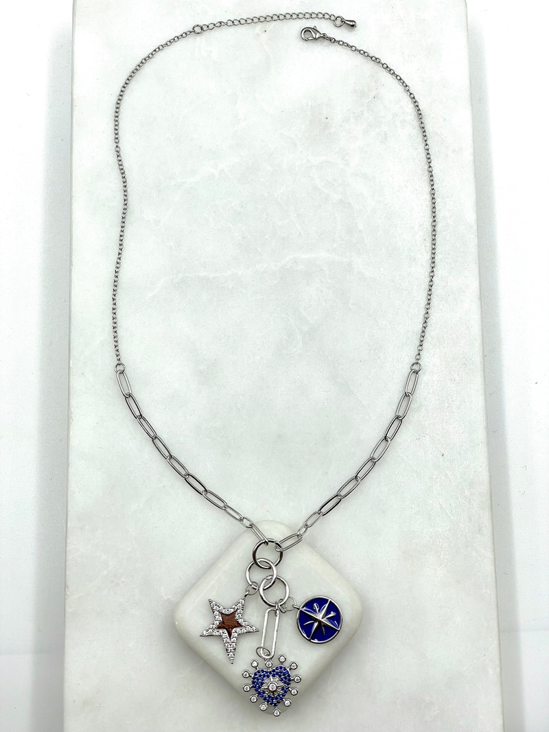 Altın Kaplama Mavi Mineli Yıldız ve Kalp Sallantılı Kolye Gümüş