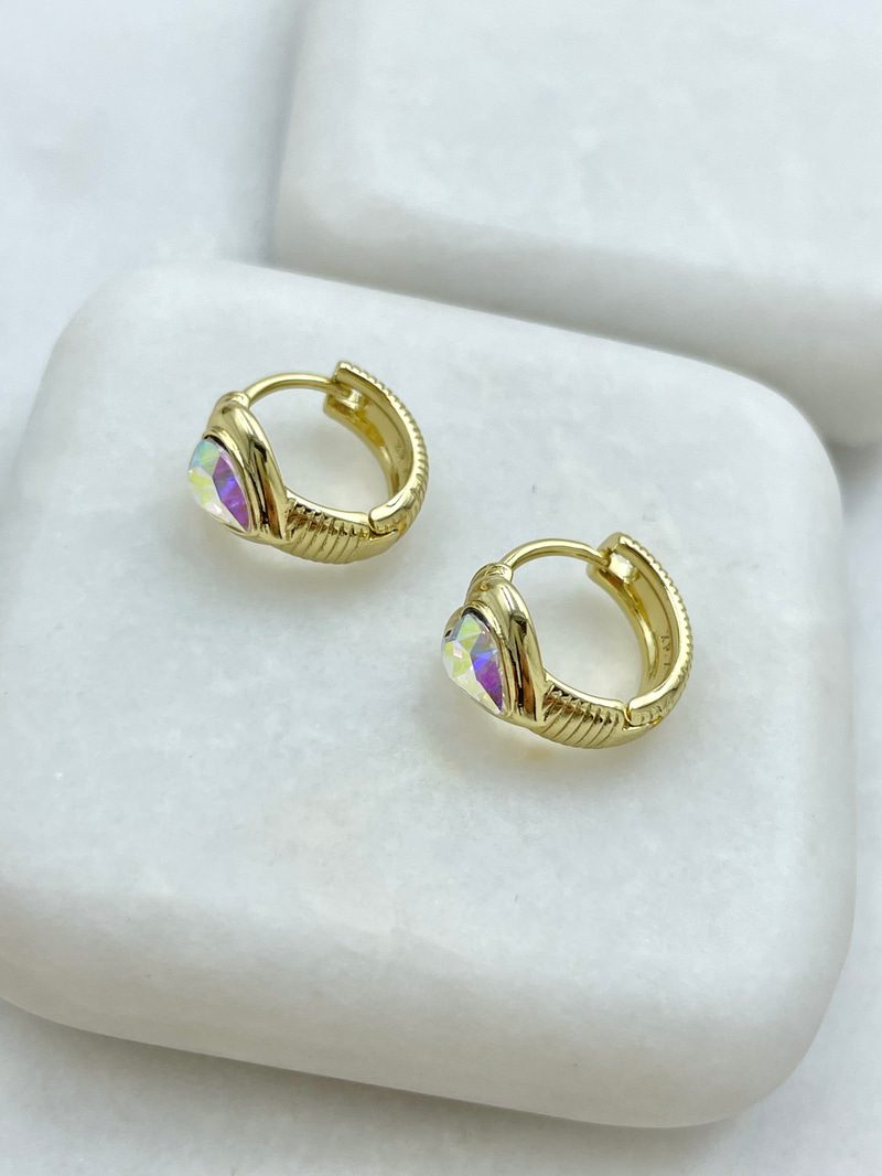 Özel Seri Desenli Swarovski Kalp Model Halka Küpe Gold