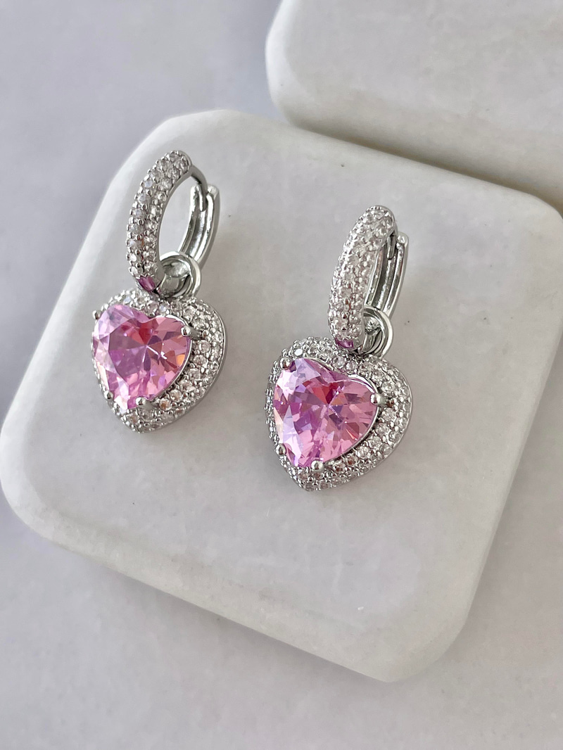 Altın Kaplama Gömme Taşlı Charmlı Kristal Kalp Küpe Pembe