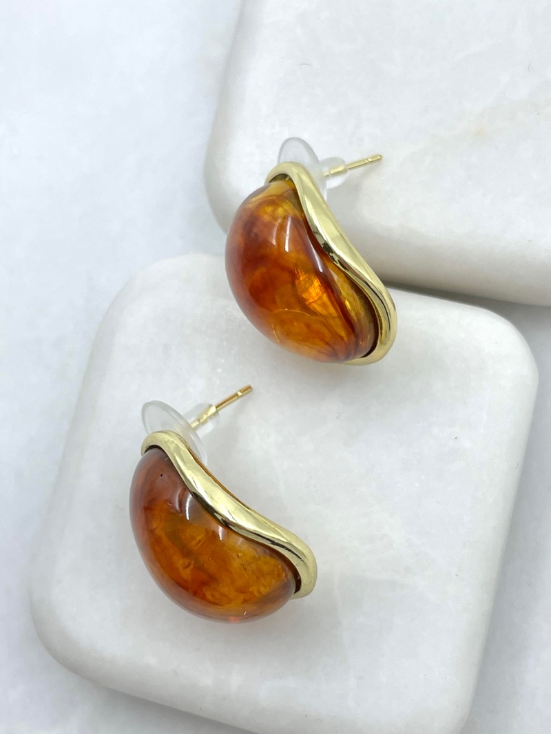 Altın Kaplama Gold Detaylı Oval Kehribar Küpe Gold