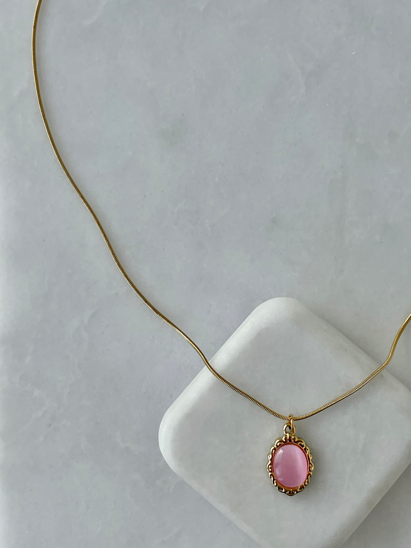 Çelik Opal Taşlı Etnik Desen Kolye Pembe-Gold