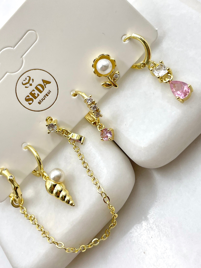 İncili ve Pembe Kristal Taşlı Altılı Set Küpe Gold