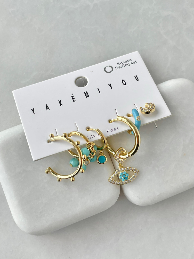 Özel Seri Altılı Turkuaz Mineli Göz Model Küpe