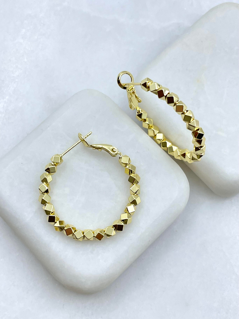 Altın Kaplama Prizma Boncuk Halka Küpe 3 cm Gold