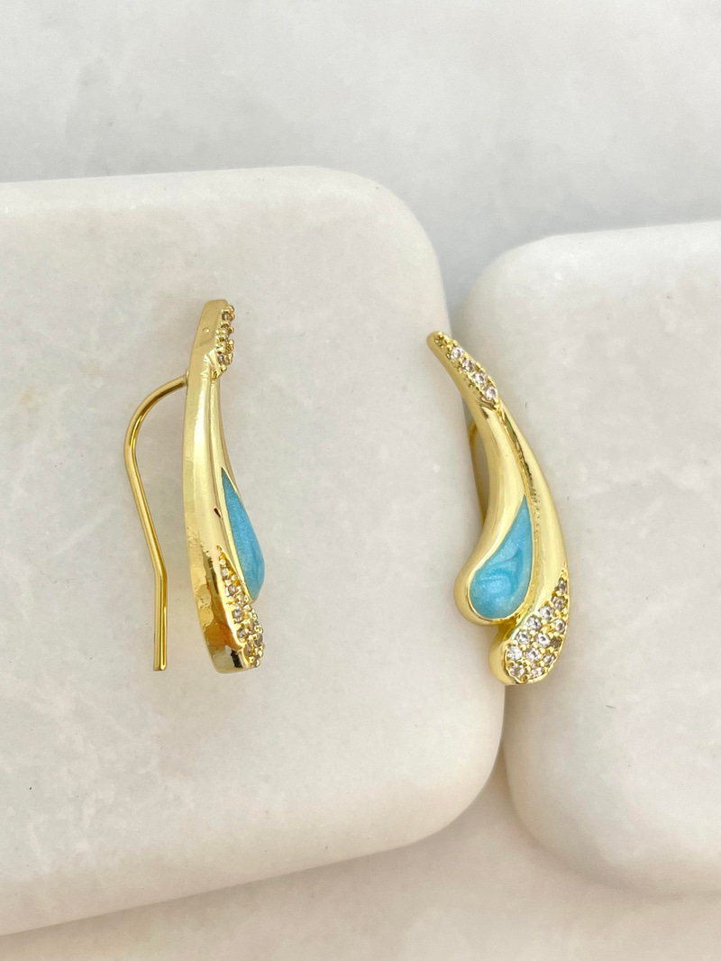 Altın Kaplama Gömme Taşlı ve Sedefli Damla Küpe Mavi