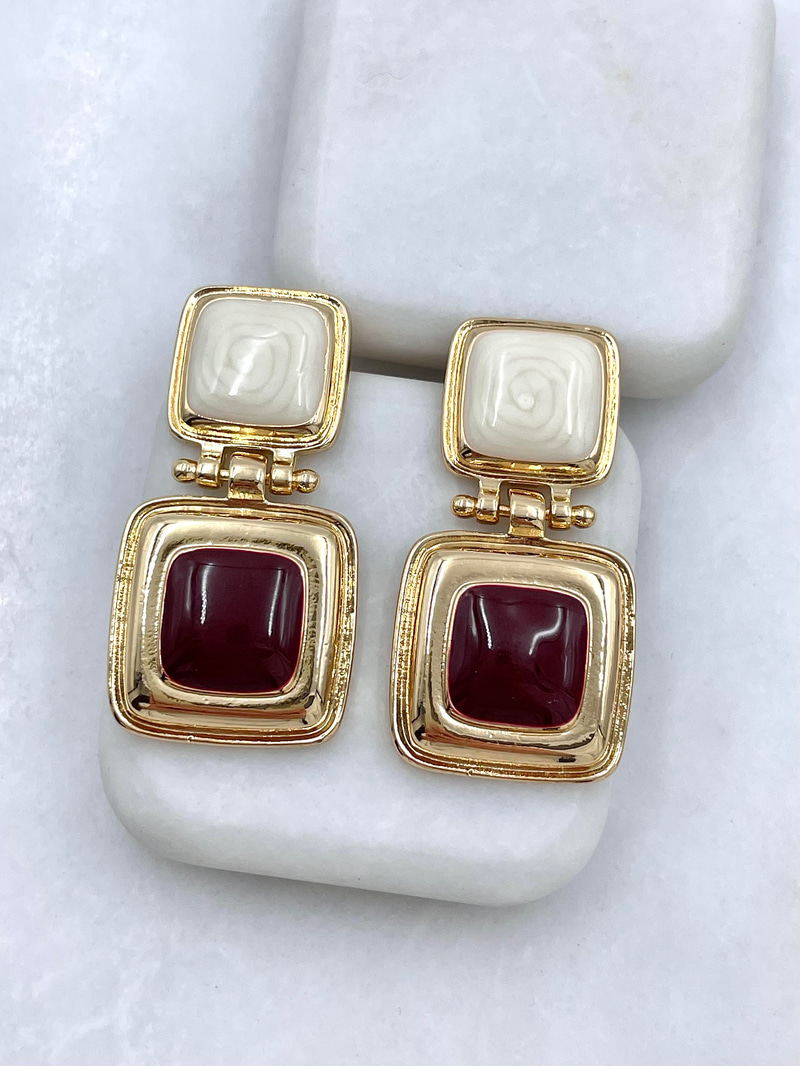 Altın Kaplama Gold Detaylı İkili Kare Model Vintage Küpe Bordo