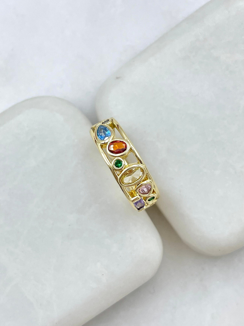 Altın Kaplama Renkli Kristal Taşlı Vintage Yüzük Gold