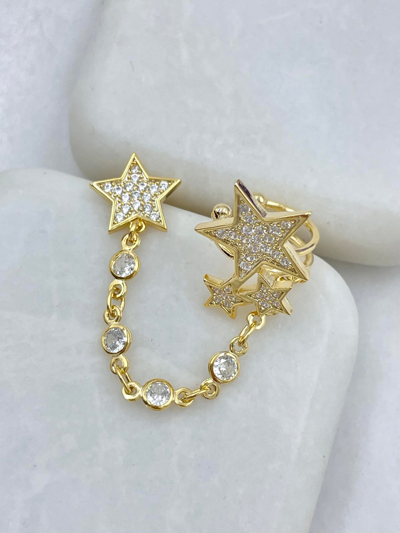 Altın Kaplama Zincir Sallantılı Yıldız Model Kıkırdaklı Küpe Gold