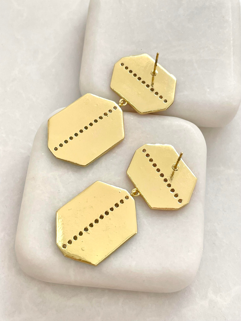 Altın Kaplama Gömme Taşlı Sedefli Tasarım Küpe Turuncu