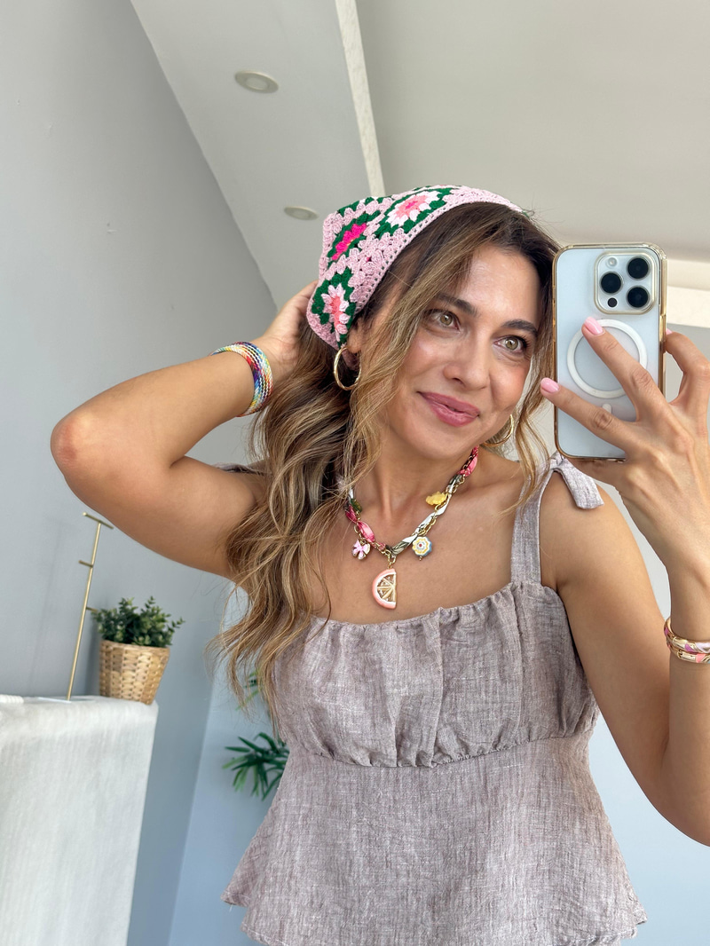 Çiçek Desenli Örgü Bandana Pembe