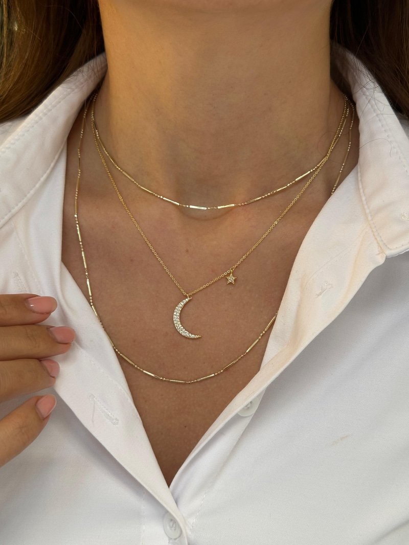 Altın Kaplama Gömme Taşlı Yıldız Sallantılı Ay Kolye Gold