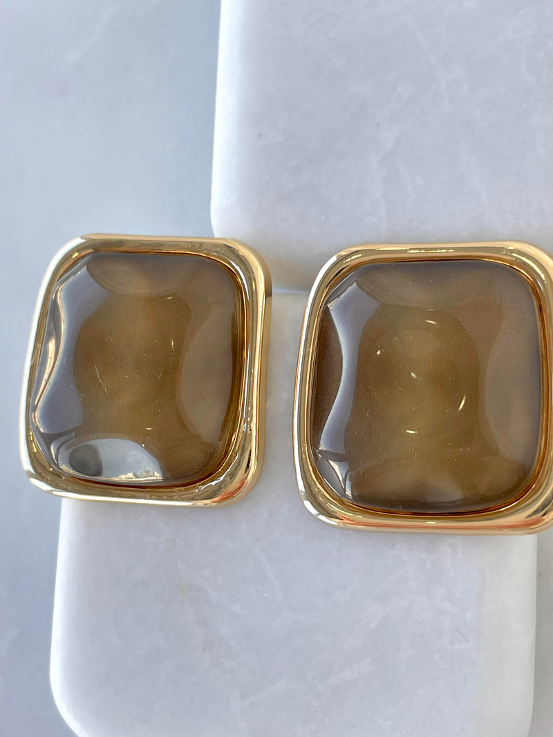 Opal Taşlı Kare Küpe Kahve