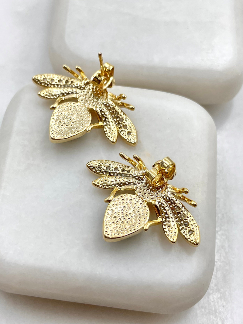 Yeşil-Kırmızı Kristal Taşlı Arı Küpe Gold