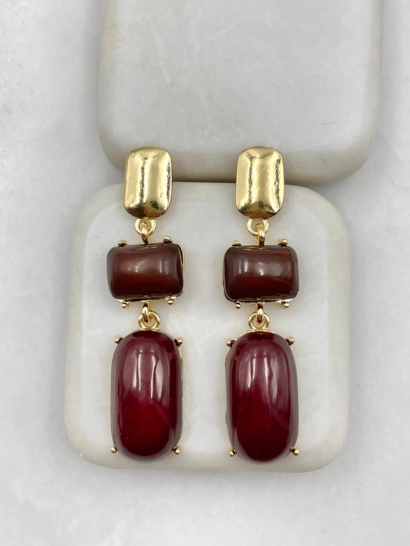 Bordo Taş Sallantılı Vintage Küpe Gold