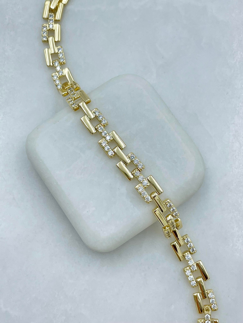 Altın Kaplama Gömme Taşlı Kare Kordon Bileklik Gold
