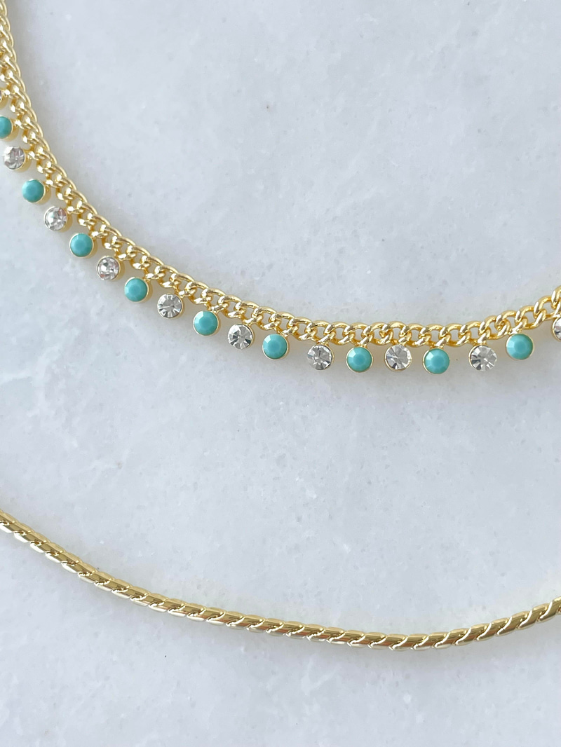 Altın Kaplama Mavi ve Kristal Taşlı İkili Kolye Gold