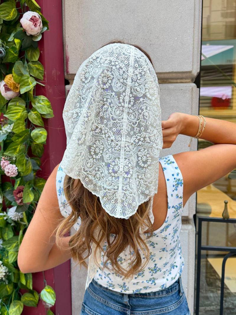 Desenli Dantel Bandana Bej Renkli