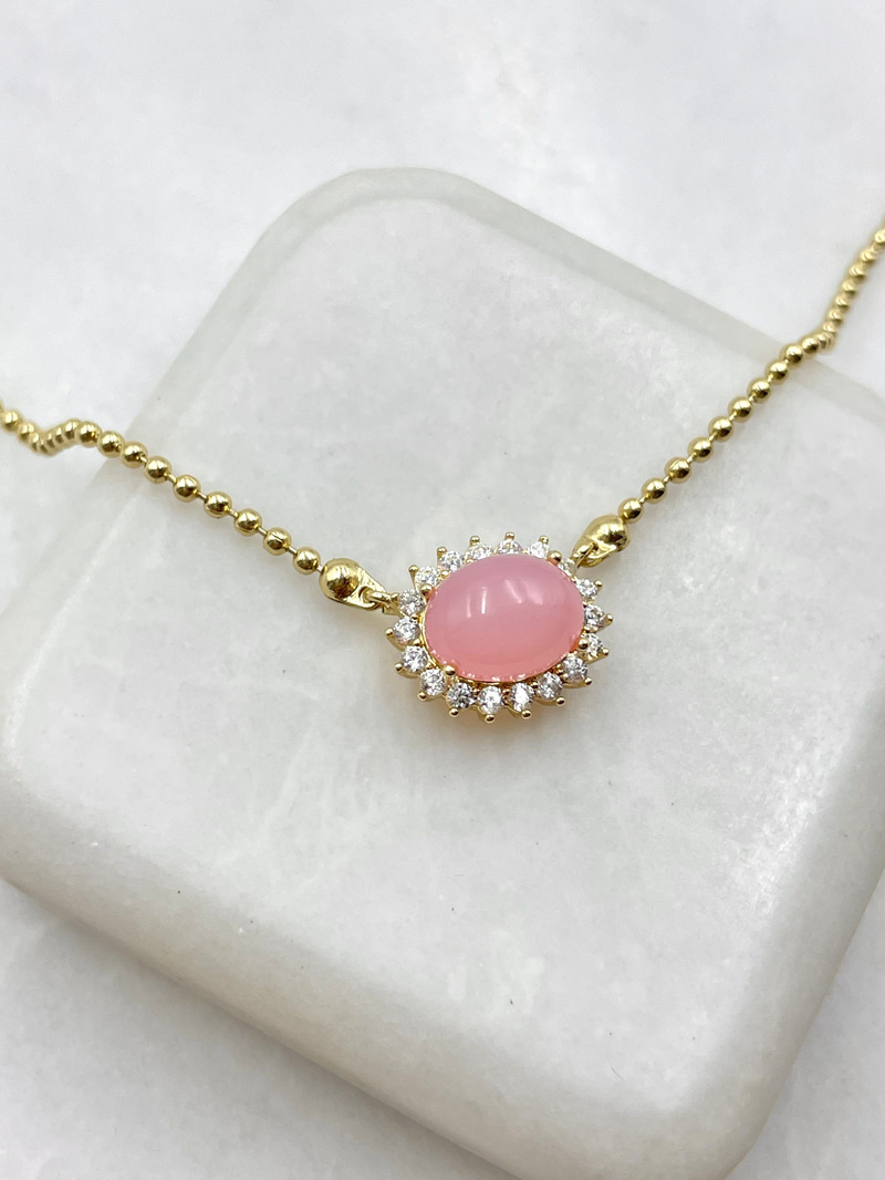 Pembe Opal Taşlı Topçuk Zincir Kolye Gold
