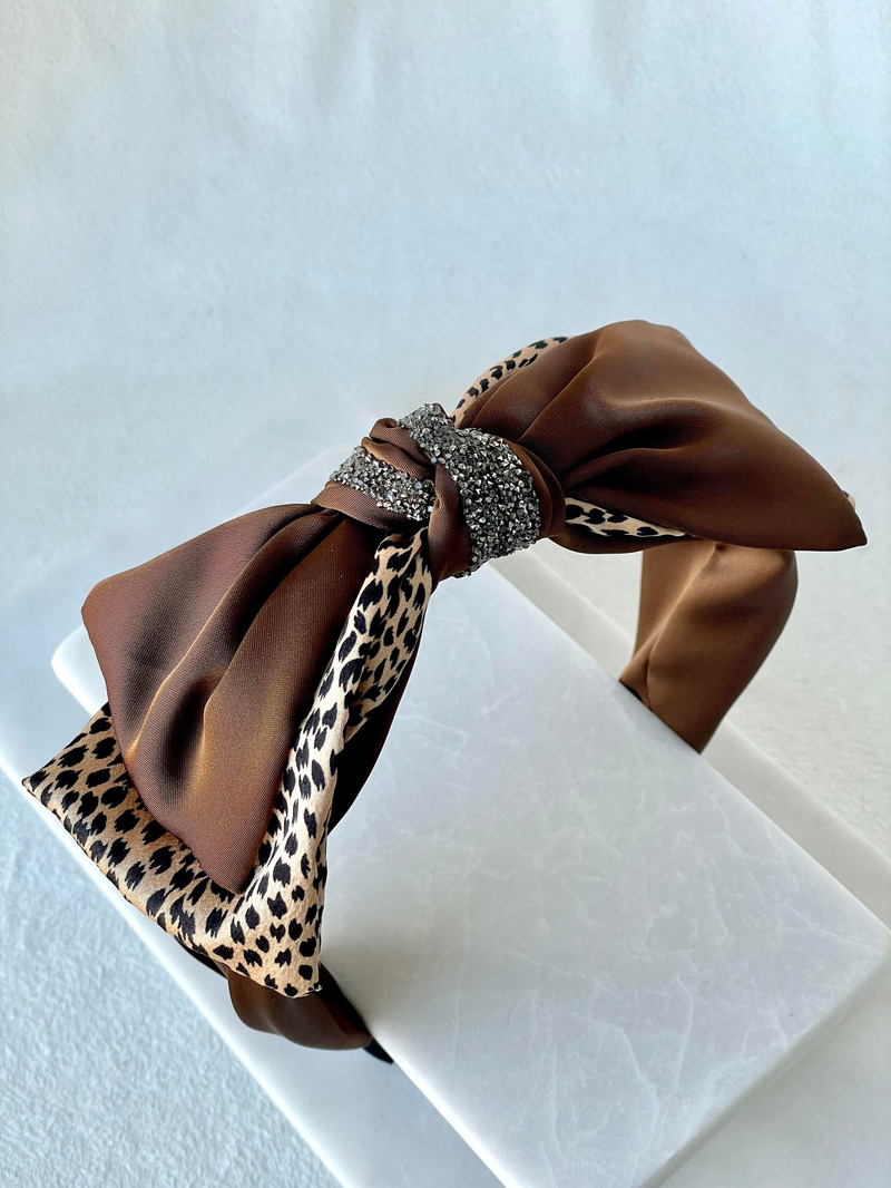 Leopar Desenli Saten Fiyonk Bandana Taç Bej