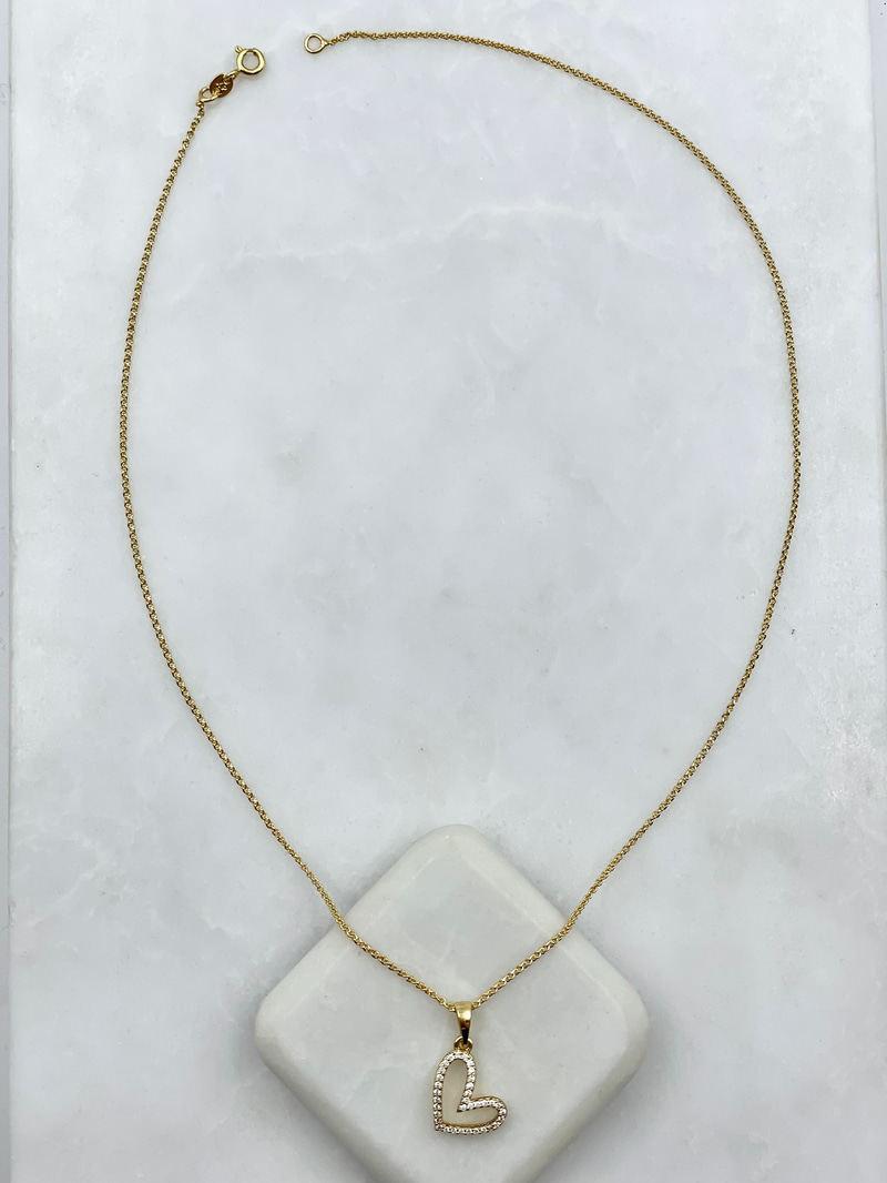Özel Seri Minimal Gömme Taşlı Kalp Kolye 45 cm Gold