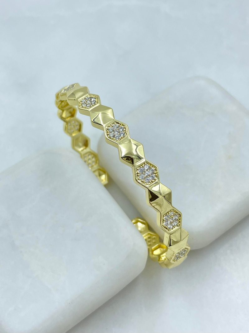 Özel Seri Gömme Taşlı Altıgen Model Kelepçe Bileklik Gold