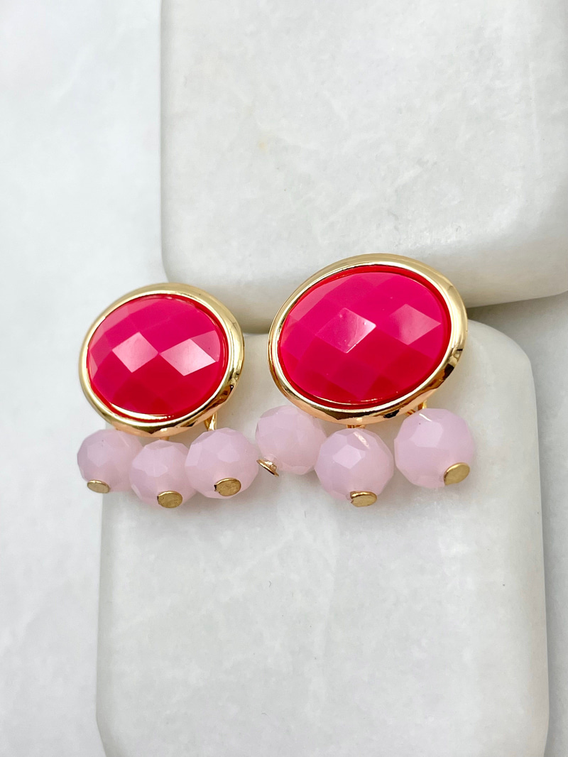 Kristal Boncuk Sallantılı Oval Küpe Pembe