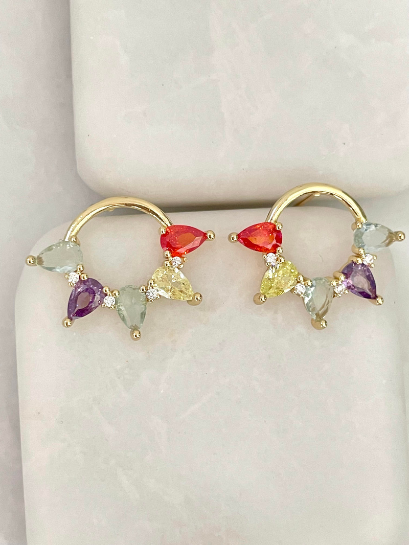 Altın Kaplama Renkli Damla Kristal Taşlı Daire Küpe Gold