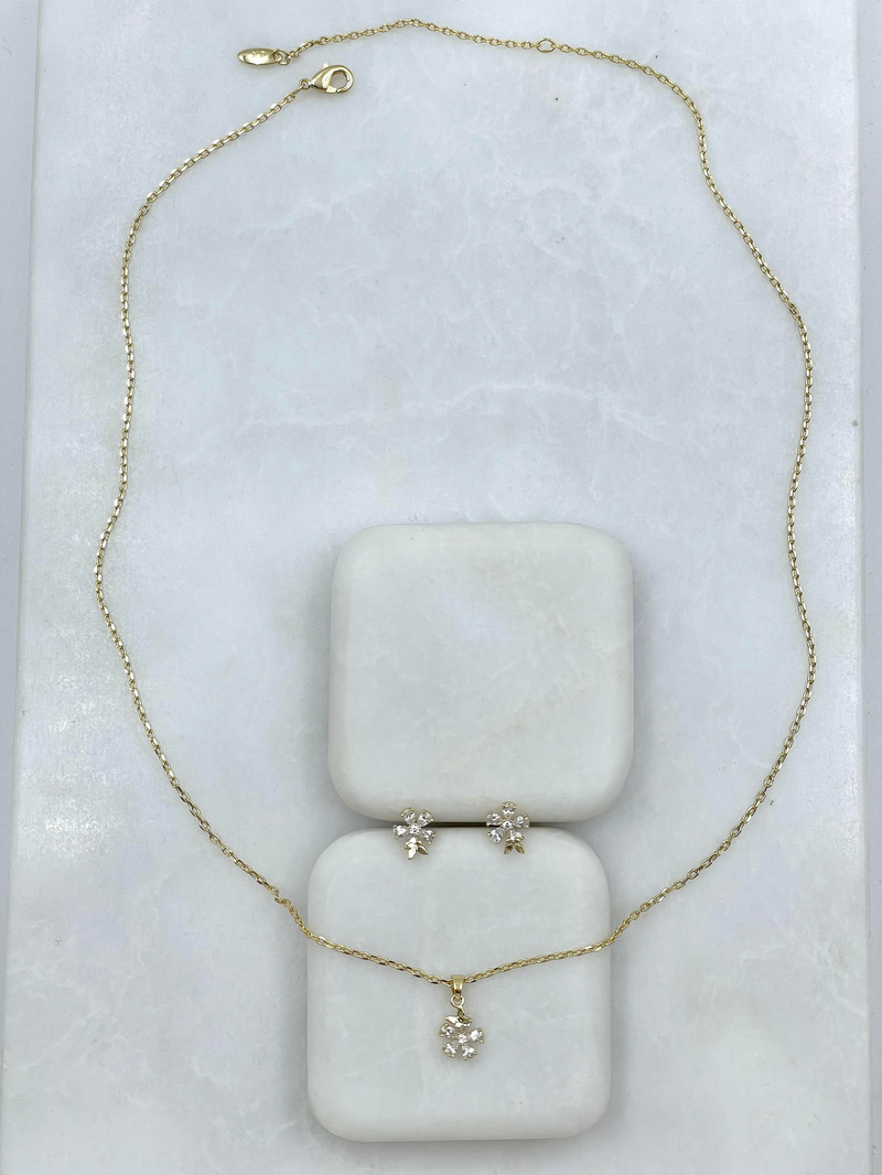 Özel Seri Kristal Taşlı Çiçek Kolye ve Küpe Seti Gold