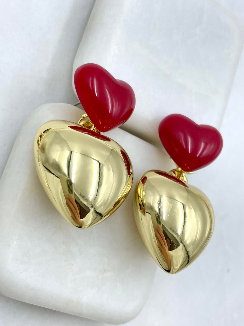 Altın Kaplama Kırmızı ve Gold Kalp Sallantılı Küpe Gold