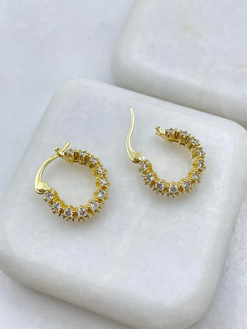 Altın Kaplama Çift Sıra Kristal Taşlı Halka Küpe Gold