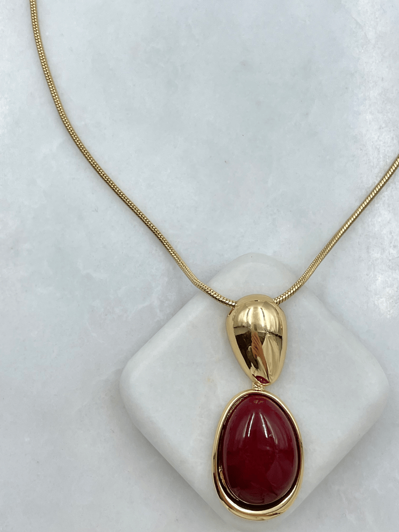 Altın Kaplama Gold Detaylı Oval Taş Model Asansör Kolye Bordo