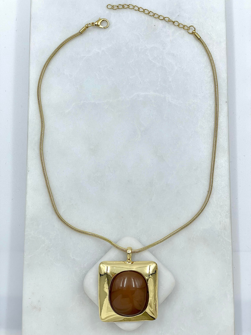 Altın Kaplama Gold Çerçeveli Doğal Taş Vintage Kolye Kahve