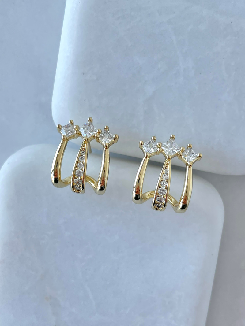 Özel Seri Kristal Taşlı Üçlü Görünüm Küpe Gold