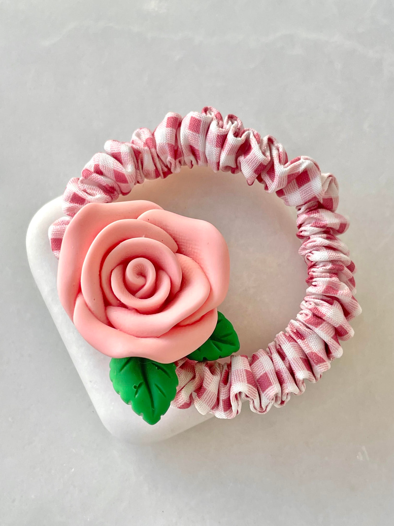 Gül Model Kareli Scrunchie Toka Toz Pembe